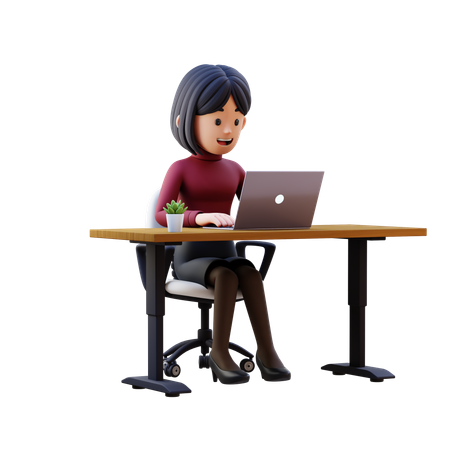 Young Woman Working On Laptop At Office  3D Illustration