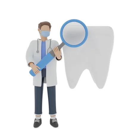 Zahnarzt betrachtet Zähne mit Lupe  3D Illustration