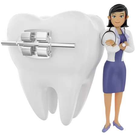 Zahnärztin zeigt Zahnspange  3D Illustration