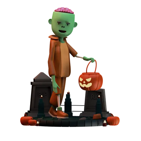 Zombie caminando con calabaza aterradora  3D Illustration