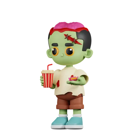 Zombie con una taza de refresco y dulces  3D Illustration