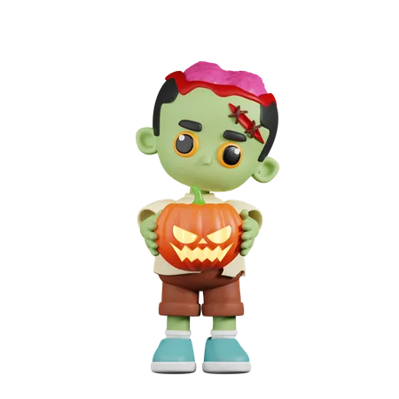 Zombie Holding Halloween Pumpkin  3D Illustration