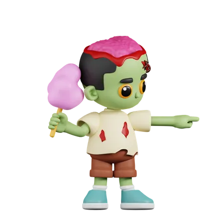 Zombie Pointing Up while Holding Cotton Candy  3D Illustration