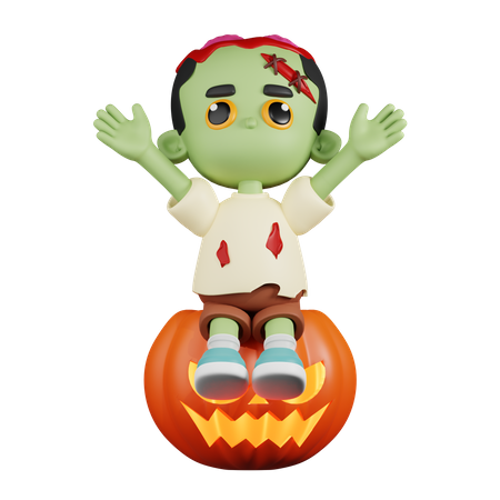 Zombie Sitting on Big Pumpkin  3D Illustration