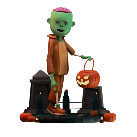 Zombie Walking With Scary Pumpkin  3D Illustration