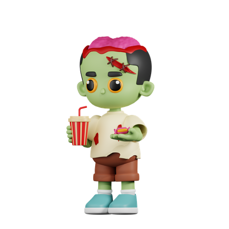 Zombie With A Cup Of Soda Drink And Candy  3D Illustration