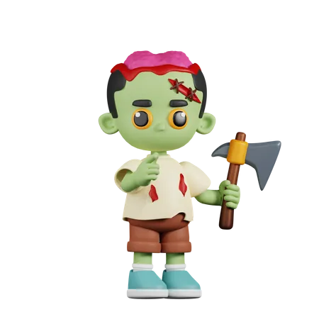 Zombie With A Sharp Axe  3D Illustration