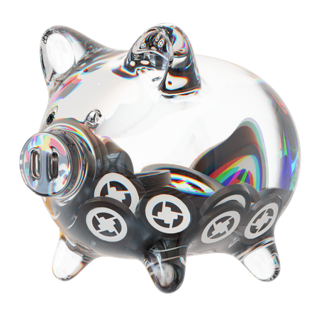 Zrx-Sparschwein aus klarem Glas mit abnehmendem Stapel an Kryptomünzen  3D Icon