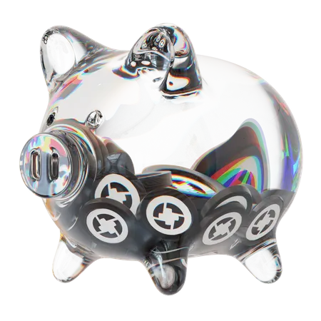 Zrx-Sparschwein aus klarem Glas mit abnehmendem Stapel an Kryptomünzen  3D Icon