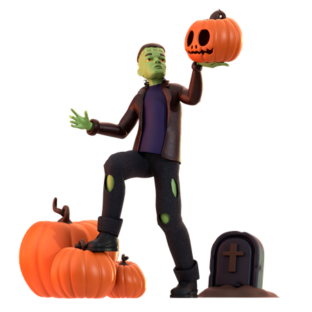 Zumbi Frankenstein carregando abóbora  3D Icon