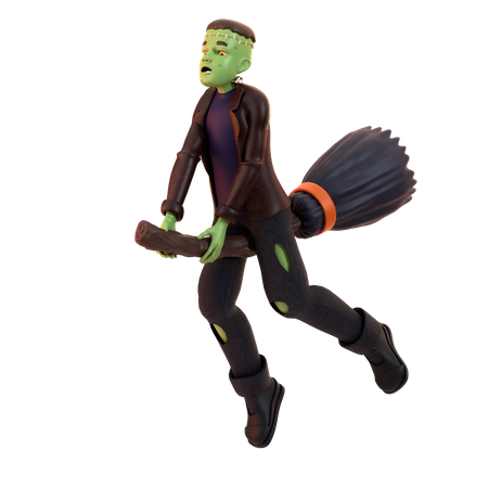 Zumbi Frankenstein voando em um cabo de vassoura  3D Icon