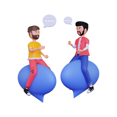 Zwei Männer unterhalten sich, während sie in einer Chatblase sitzen  3D Icon